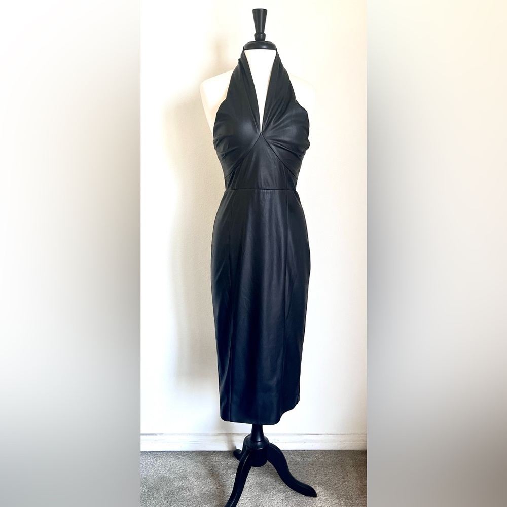MILLY Women’s Raven Black Vegan Faux Leather Halter Neck Sz 6 Midi Dress BNWT - Picture 8 of 15